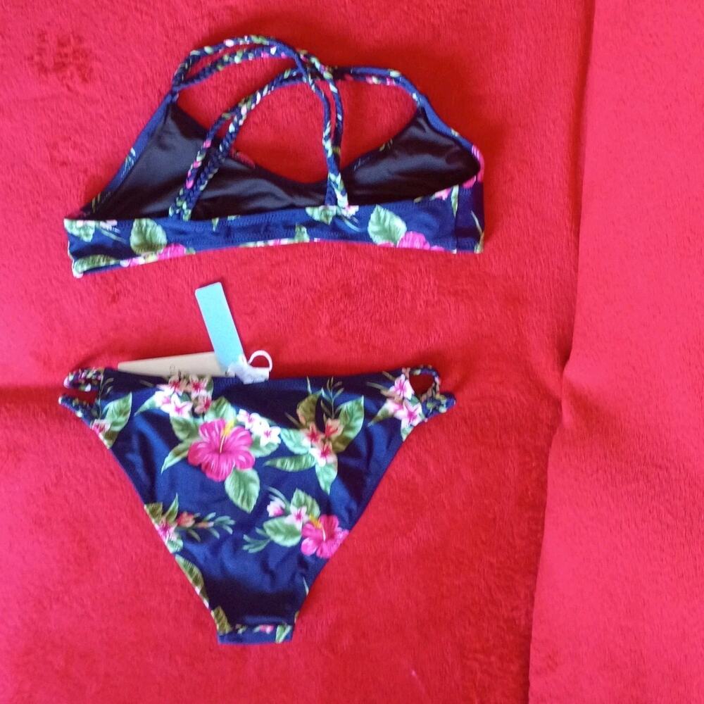 NWT Cupshe Floral Bikini Womens Sz L Braided Tropical Coastal Beach Hawaii Navy - Picture 2 of 4